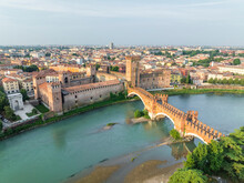 Aerial View Of Verona Cityscape With Ponte Castelvecchio And Adige River, Verona, Italy.