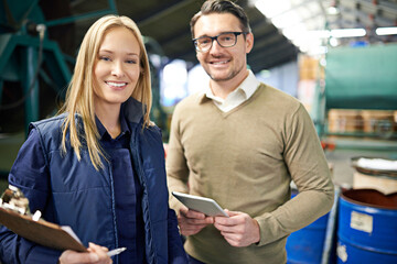 Canvas Print - Man, woman and portrait for warehouse inspection with clipboard or tablet for supply chain, distribution or manufacturing. Factory worker, face and teamwork for courier logistics, import or delivery