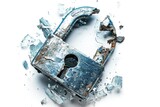 Locked lock burst into pieces isolated on white background