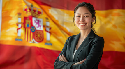 Happy Asian Businesswoman With A Spanish Flag In Background. CEO and Enterpreneur Asian Woman. Diversity In Spain