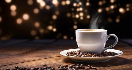 Aufkleber - Steaming coffee cup on wooden surface with cozy bokeh light background, homey atmosphere. Generative AI