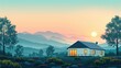 small barn style house in the country side, homestead, garden off the grid lifestyle, capturing the elegance and warmth of family life in a flat art style design