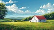 small barn style house in the country side, homestead, garden off the grid lifestyle, capturing the elegance and warmth of family life in a flat art style design
