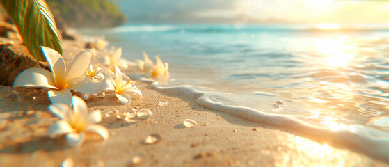 Poster - Tropical beach with frangipani flowers and gentle waves at sunset. Relaxation concept. Generative AI