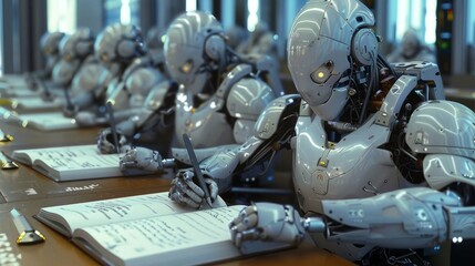 Poster - AI robot reading a book in the library. collaboratively studying from a vast array of textbooks. Machine learning, Innovation, futuristic technology concept