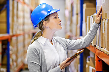 Poster - Tablet, box or woman in warehouse for storage, shipping delivery, job or stock for factory product. Industrial logistics, label or supplier inspection on package or cargo for online order on website