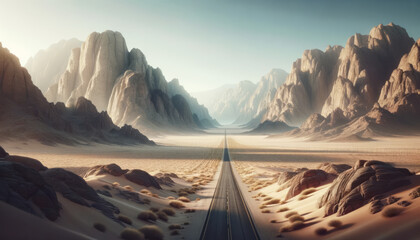 Poster - A straight road leading through a desert valley flanked by majestic cliffs under a clear sky, invoking the concept of journey. Generative AI
