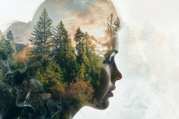 Silhouette of a woman with double exposure effect. A female head showing a green forest and beautiful nature. Environmental protection, global warming and climate change creative concept.