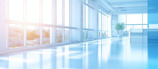 Wall Mural - An empty hallway in a building with lots of windows, a blue azure wall, wooden flooring, and a glass facade. The art on the walls enhances the rectangular shape of the space