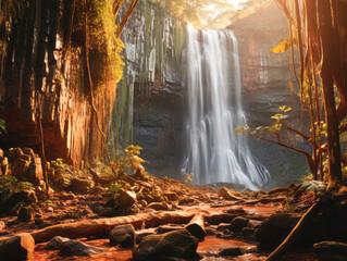 Poster - A majestic waterfall cascading over mossy cliffs, surrounded by lush vegetation and sunlit rocks, against a forested background, depicting the concept of nature's beauty. Generative AI