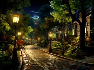 Aufkleber - A cobblestone street at night lit by old-fashioned street lamps, surrounded by lush trees and historic buildings, evokes a peaceful, classical concept on a cloudy night background. Generative AI