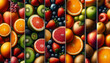 A vibrant display of various fruits carefully arranged, with a realistic graphic style against a dark background, showcasing the concept of freshness and diversity. Generative AI