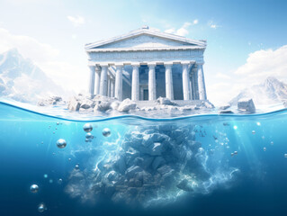 Poster - Ancient temple partially submerged in clear blue water, with air bubbles and rocky terrain, against a mountainous background, concept of myth. Generative AI