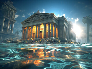 Poster - A flooded classical building at sunset, with water around, depicting an apocalyptic scene. Creative concept on a cloudy sky background. Generative AI