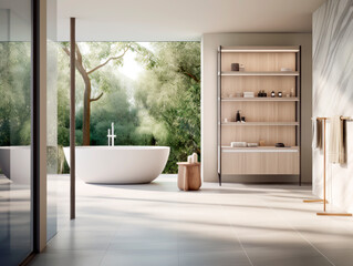 Poster - Modern bathroom interior with a freestanding bathtub, overlooking a lush garden, on a bright day, embodying tranquility. Generative AI