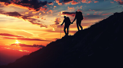 Poster - Silhouettes of two hikers holding hands on a mountaintop against a vibrant sunset, with a creative background and concept of adventure. Generative AI