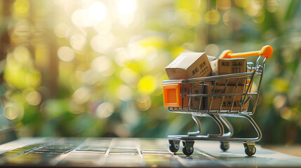 Aufkleber - A miniature shopping cart with boxes on a blurry green and yellow background, symbolizing online shopping. Generative AI