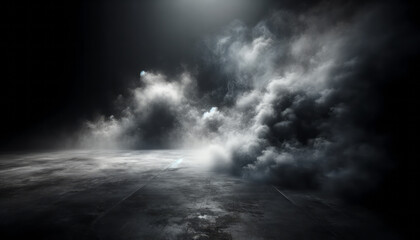 Wall Mural - Dynamic smoke plumes in spotlight on dark concrete floor. Drama and theatrical concept. Generative AI
