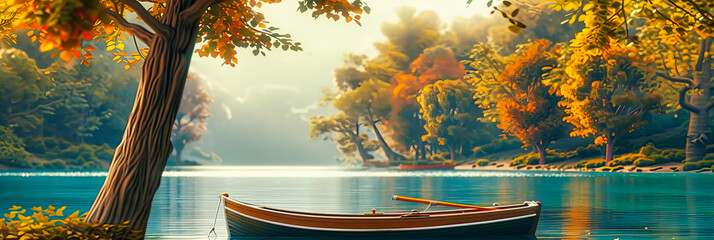 Wall Mural - Peaceful Lake Scene at Sunset, Boats and Trees Reflected on Water, Calm Holiday Destination