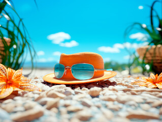 Poster - A straw hat and sunglasses lying on a beach, surrounded by starfish and pebbles under a sunny sky. Ai generative illustration