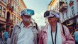 Portrait of an aged couple enjoy walking city using virtual reality glasses.