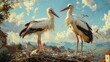 Two storks in a nest face to face against a cloudy sky
