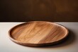 A wooden platter sits on top of a wooden board, its exacting precision, soft edges, blurred details, circular shapes, and precise and lifelike nature apparent.