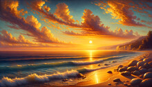 The digital painting capturing the tranquil beach scene at sunset. The wide view highlights the serene atmosphere and the beautiful interplay of colors at dusk