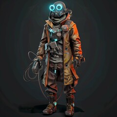 3d cyberpunk dota 2 tinker. Fashion cyberpunk in leather jacket  jacket wears gas mask with protective glasses, filters. Colorful 3d render, glowing neon wires on night light bokeh in city.