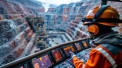 An engineer working in a control room in a vast mineral extraction site.