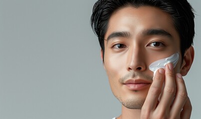 Asian man applies a cosmetic cream to the skin of his face isolated on gray background. Skin care concept, minimalistic studio photo.