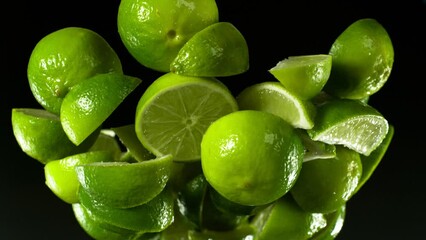Poster - Super Slow Motion of Flying Limes Isolated on Black Background. Filmed on High Speed Cinema Camera, 1000 fps.