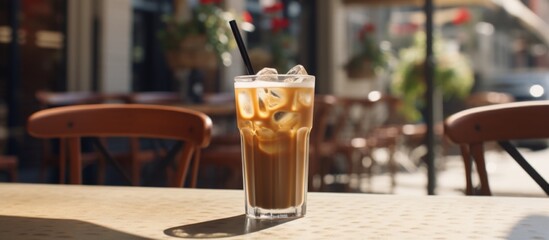 Poster - A glass of iced coffee with a straw sitting on a wooden table, perfect for enjoying as a refreshing beverage on a hot day