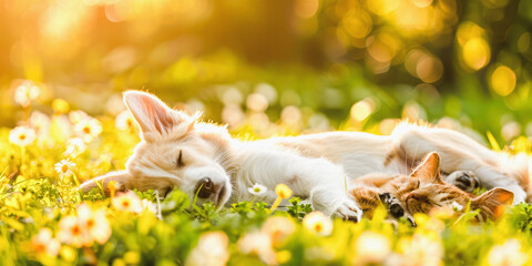 Spring fatigue - Pet animal photography background - Dog and cat sleeping chilling relaxing together on fresh green spring or summer meadow, illuminated by the sun