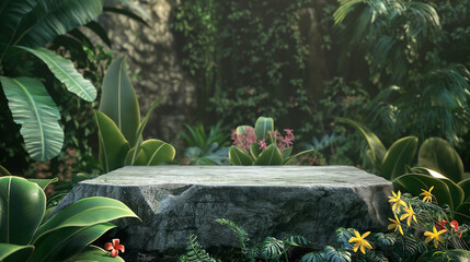 Wall Mural - Natural stone podium in tropical forest background with green leaves, flowers in the green jungle. Empty showcase for packaging product presentation. Background for cosmetic products. Mockup pedestal.