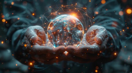Poster - Human hands delicately holding a transparent, glowing orb symbolizing the power of AI, merging with AI circuitry, signifying unity