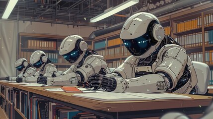 Poster - AI robot reading a book in the library. collaboratively studying from a vast array of textbooks. Machine learning, Innovation, futuristic technology concept