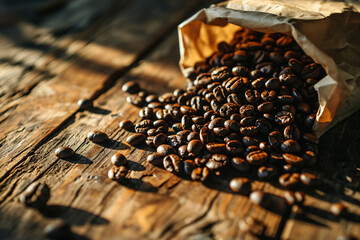 coffee beans and paper bag on wooden table to buy new c ca48dd16-16d1-44f3-a07e-84312a800891