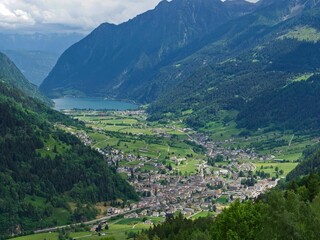 Poster - Scenic view of a rural town nestled in the mountainside, surrounded by lush evergreen forest