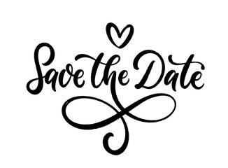 Sticker - Save the date, hand drawn lettering design. Calligraphy text composition isolated on white background. Vector lettering phrase.