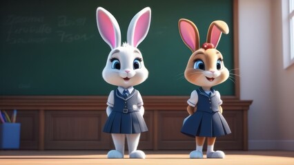 Two cartoon rabbits wearing school uniforms stand next to each other. The rabbits are smiling and seem to be enjoying their time together