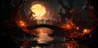 AI generated illustration of a night sky over a bridge, with a bright fire burning on the river