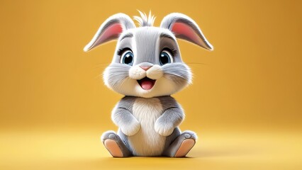 Wall Mural - A small gray and white rabbit is sitting on a yellow surface. The rabbit has a curious expression on its face