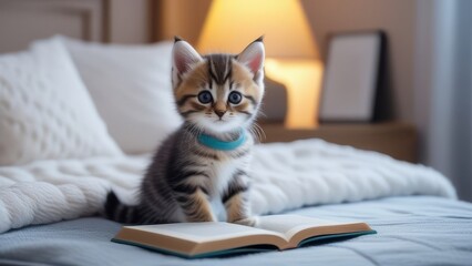 Wall Mural - A kitten is sitting on a bed with an open book in front of it. The kitten appears to be curious and interested in the book
