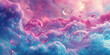 Colorful bubbles floating in the sky with fluffy clouds and a pink and blue color palette