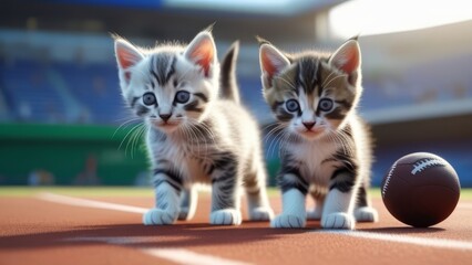 Wall Mural - A kitten wearing a blue shirt is on a tennis court. The kitten is looking up at the camera