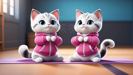 Wall Mural - Three cats wearing pink and white uniforms with the letters AR on them. They are standing in a room with a window