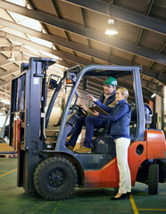 Aufkleber - Talking, warehouse and workers with forklift working on site, loading on dock with Industrial moving vehicle. Teamwork, together or woman with clipboard for shipping inventory, hardhat for safety