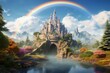 A mystical castle with a rainbow bridge connecting it to a distant mountain range