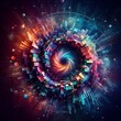 This digital artwork portrays an abstract representation of a swirling galaxy enclosed by a ring-like formation of vibrant geometric patterns.